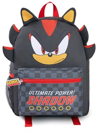 Sonic The Hedgehog Sac à dos 3D Shadow pour enfants | Sac d'école noir et rouge Ultimate Power ! Shadow The Hedgehog | Sac à dos de jeu zippé avec poche avant à carreaux