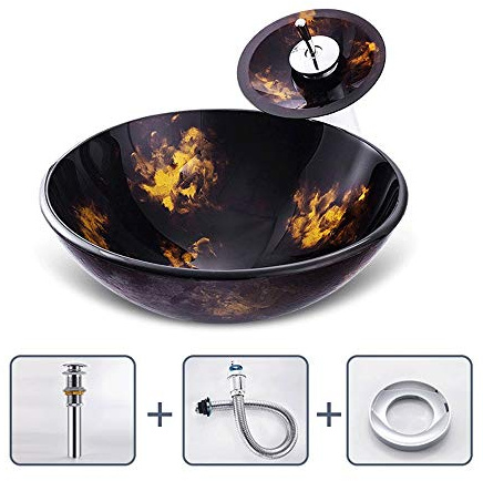 Lavabo sobre encimera Slivy Pintado a Mano, de Vidrio Templado, Creativo, Redondo, artístico, con Grifo en Cascada y desagüe emergente, 42 cm