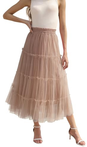 OBBUE Women's Long Tulle Skirt Fairy Ruffle Tiered Layered Midi Skirts A-Line Elastic Waist Tutu Skirt Champagne L