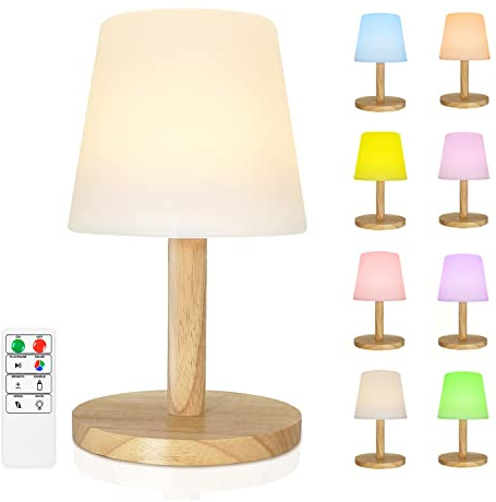 FUYO LED Akku Tischlampe Kabellos Dimmbare RGB Warmweiß mit Fernbedienung USB Aufladbar Led Tischleuchte mit Holzsockel für Indoor Outdoor Garten Wohnzimmer Schlafzimmer Büro