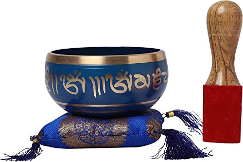 KPAVIR Hand Painted Metal Tibetan Buddhist Singing Bowl Musical Instrument for Meditation with Stick and Cushion(Bowl Size - 4 Inches)(Blue)