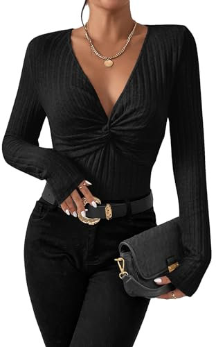 GORGLITTER Women's Ripped Knit Twist Front Bodysuit Jumpsuit Deep V Neck Long Sleeve Tops Casual Fitted T Shirts Black L