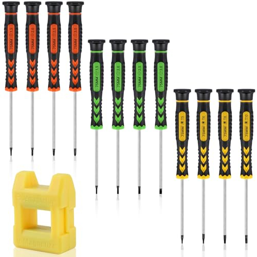 Ezydka 12Pcs Mini Schraubenzieher Set, Mini Brillen Schraubenzieher mit 1 Magnetisierer, 17cm Uhrmacher Schraubendreher, Kreuz/Torx/Schlitz Schraubendreher Set klein für Reparieren, Ersetzen der Teile