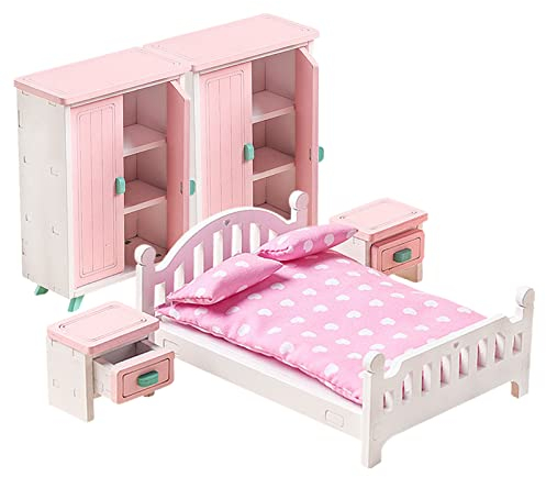 7 Stück Schlafzimmer Puppenhaus Puppenhausmöbel,Möbelset Puppenhauszubehör,Schrank Möbel,Schlafzimmerset,Doppelbett,Bett,Bettwäsche,Zubehör Spielzeug- Minipuppen-Puppenmöbel aus Vollholz
