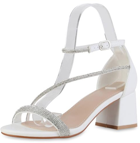 VAN HILL Damen Riemchensandaletten Blockabsatz Strass Party Schuhe 840889 214229 Weiss 37