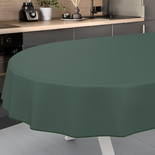 ANRO Nappe en Toile cirée, Lavable, pour Table de Jardin, pour l'extérieur et l'intérieur, Ovale, avec Ourlet, Vert Sapin, 240 x 140 cm
