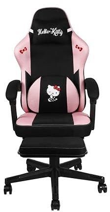 Konix Hello Kitty Chaise de Bureau Gaming - Inclinaison siège 150° - Revêtement Tissu - Armature Bois et métal - Coussin - Repose-Pieds - Noir et Rose