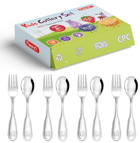 8-Piece Toddler Utensils,18/10 Stainless Steel Kids Silverware Forks and Spoons Set, Flatware with Dog & Cat Pattern for Children Ages 3-7 Year Old, Anti-Slip Forks, Mirror Polished, Dishwasher Safe