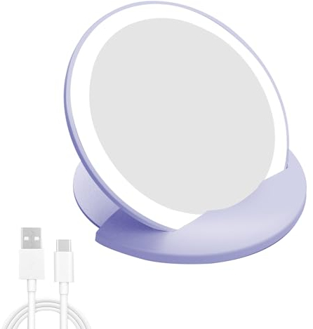 CGBE Taschenspiegel, Kleiner Kosmetikspiegel mit LED Beleuchtung, Tragbarer Make-Up-Spiegel Schminkspiegel Kompakt für Unterwegs, USB Wiederaufladbarer Kompaktspiegel Reisespiegel mit Licht, Lila