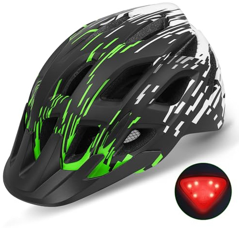 Casco de Bicicleta, Casco de Bicicleta Ligero con luz Trasera y Visera Desmontable, Casco de Ciclismo de 21 ventilación, Casco de Ciclismo de montaña y Carretera para Hombres (BlackGeen)