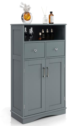 COSTWAY Badezimmerschrank, Badschrank mit 2 Schubladen & offenem Fach, Badkommode Midischrank mit verstellbaren Ablagen, Aufbewahrungsschrank für Badezimmer, Wohnzimmer & Küche, 56 x 30 x 80cm (Grau)