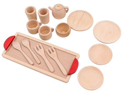 ieron Mini trä eftermiddagste set för 3+ år gamla flickor pojkar – mini te party set låtsas leka mat efterrätt tekanna med bricka
