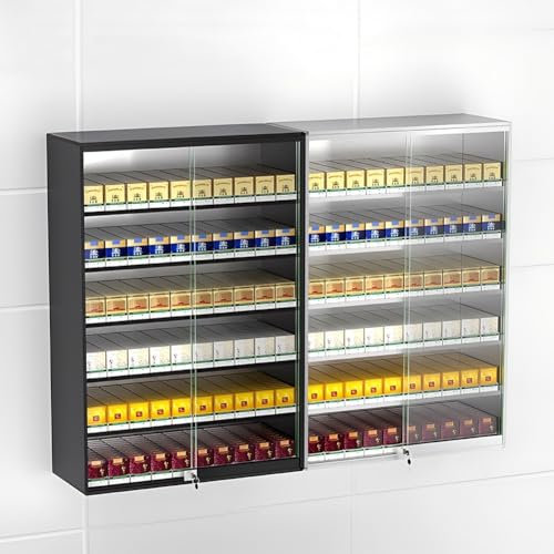 Cigarette Display Case, Aluminum Alloy Tempered Glass Door Cigarette Cabinet with Safety Lock, Wall Mounted Cigarette Rack, with Automatic Cigarette Pusher, for Market Store Retail(Black,29.