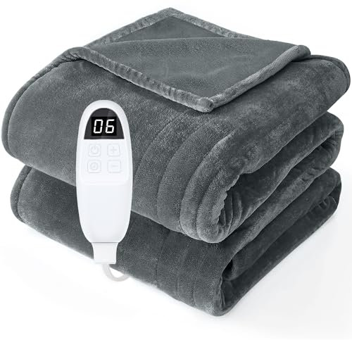 PRANITE Electric Blanket - 160x130cm Heated Blanket Single with 6 Heat Settings, 10H Timer Auto off Electric Throw Blanket for Bed Sofa, Machine Washable Electric Blanket, Grey