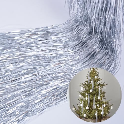 YUKL Tinsel Icicles 4000 Strands Metallic Silver Tinsel Christmas Tree Streamer Party Decoration 18 Inch Tinsel for Christmas Tree Icicles Indoor Outdoor Xmas New Year Disco Birthday Party Supplies