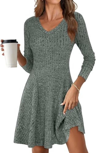 ROFUSSO Robe en Tricot pour Femmes Robes d'automne à Manches Longues Robe Pull à Col en V Robe Midi Élégante en Tricot Robe d'hiver Décontractée à Longueur de Genou(Vert,L)
