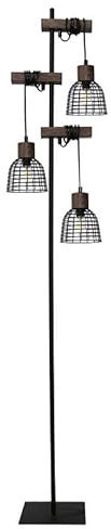 SEYNAVE Golvlampa Maryland 3 lampor metall svart och trä tryckt akacia modern industriell stil uttag E14 höjd 165 cm
