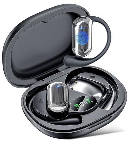 EUQQ - Auriculares deportivos, Bluetooth 5.4, oreja abierta, inalámbricos, con 4 micrófonos HD, estuche de carga led, 40 horas, para iOS y Android, impermeables con grado IP7, negros (2025)