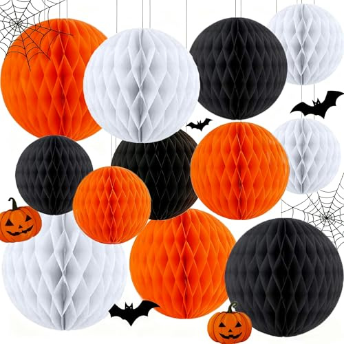 Capesaro 12 bolas colgantes de panal de abeja, color negro, naranja, blanco, decoración de Halloween, tema de Halloween, tela colgante, pompones, flores para fiesta de cumpleaños (12 unidades, 10