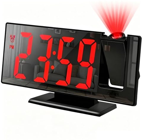 Despertador digital – Pantalla LED de proyección 20 x 10 x 5 cm, proyector de pared para temperatura y tiempo, reloj espejo con función de repetición, estuche de accesorios fiable, dormitorio infantil