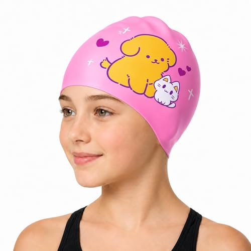 Waterproof Silicone Swimming Cap for Kids 4-12 Years with Cute Cartoon Bear Pattern - Comfortable Anti-Slip Fit, Extra Space for Long Thick Hair