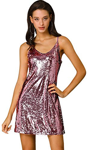 Allegra K Damen Paillettenkleid Ärmellos V-Ausschnitt Party Spaghetti Trägerkleid Glitzer Metallic Minikleid Hell-Pink XL