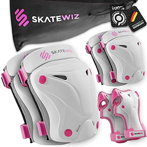 SKATEWIZ Knieschoner Kinder Schoner Inliner - Protektoren Set [6er] - Knie und Ellenbogenschützer - Schonerset für Skateboard und Inline Skating - PROTECT-1 Pink White Größe S