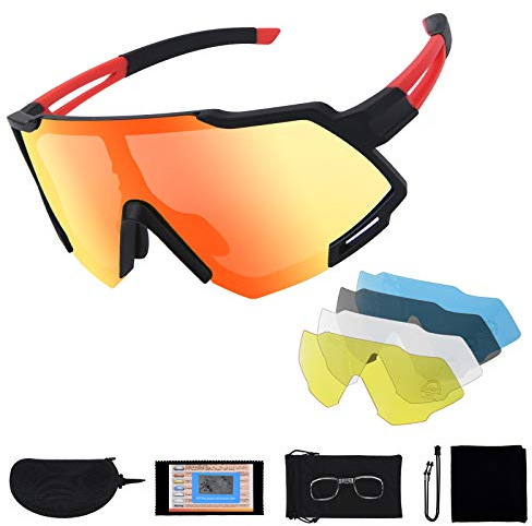 Flintronic Radbrillen, Polarisierte Sportbrillen, UV400 Schutz Kratzfest Beschlagfrei Sonnenbrille, Unisex Fahrradbrille mit 5 Wechselgläser, für Outdoor-Sport Radfahren Laufen Angeln Klettern