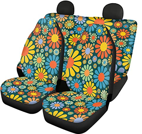 Belidome Abstrait Hippie Fleur De Voiture Housses De Siège Ensemble Complet Avant Arrière Coloré Marguerite Coussin De Siège Universel
