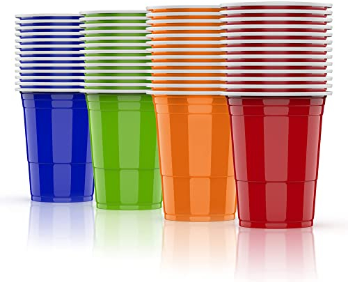 AOLUXLM 52Pcs Copas de Plástico,Tazas 13 Rojas +13 Azules + 13 Verdes + 13 Naranjas 480ml /16OZ +6 Bolas Copa Tazas Navidad Cumpleaños Boda