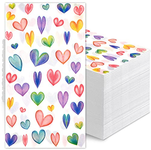 Hotop 200 Pcs Colorful Heart Paper Napkins Disposable Decorative Guest Napkins Watercolor Heart Dinner Hand Towel for Bathroom Birthday Wedding Anniversary Spring Summer Table Supplies(Watercolor)