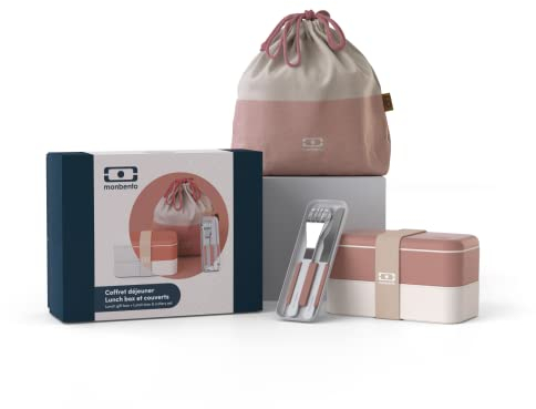 monbento - Scatola Regalo Pranzo - Con Bento Box MB Original Moka Made in France, Borsa MB Pochette L Natural, Set di Posate MB Slim Box Moka - Rosa - Idea Regalo Originale