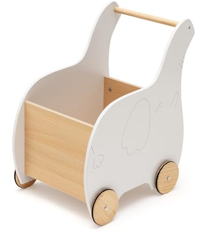DREAMADE 2 in 1 Lauflernwagen aus Holz, Lauflernhilfe mit Stauraum, Spielzeugkiste, Gehhilfe, Gehfrei, Baby Push Pull Wagen Spielzeug, Laufwagen für Babys, Jungs und Mädchen (Weiß - Elefant)
