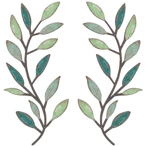 Zhengmy 2 Pieces Metal Tree Leaf Wall Decor Vine Olive Branch Leaf Wall Art Living Room, Hallway Wall Decor Outdoor Decoration(Gradient Green)