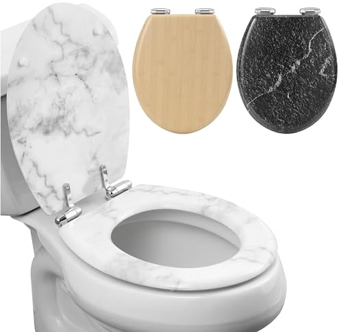 Navaris White Marble Toilet Seat - MDF Decorative Toilet Seats - Luxury Marbled Design for Bathroom Decor - 16.7 x 14.1 x 2.2 (42.5 cm x 35.8 cm x 5.6 cm)