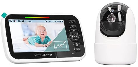 Monitor de Vídeo para Bebés con Cámara y Audio, Pantalla LCD de 5 Pulgadas, Visión Nocturna, Audio Bidireccional y Monitoreo de Temperatura Ambiente, Canciones de Cuna (Enchufe