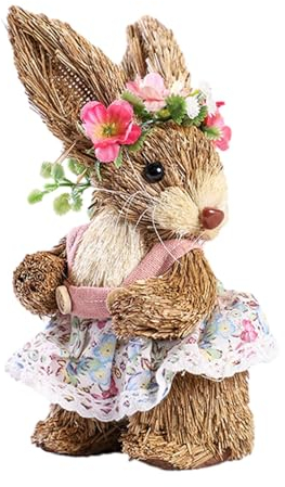Oldmoom Straw Woven Easter Bunny Decorations - Standing Bunny Statues Figurine, Easter Decor