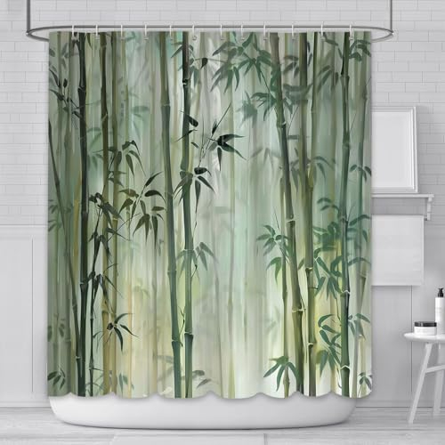 AIBIIN Cortina de ducha de bambú de 180 x 180 cm, decoración de baño, cortina de baño verde con plantas Zen, impermeable, material de poliéster duradero con 12 ganchos
