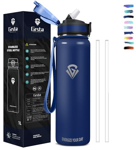 Grsta Gourde Isotherme 1l - Inox Avec Paille, Sans BPA, Réutilisable - Double Paroi Isolante, Facile à Transporter - Bouteille Pour École, Bureau, Outdoor, Sport