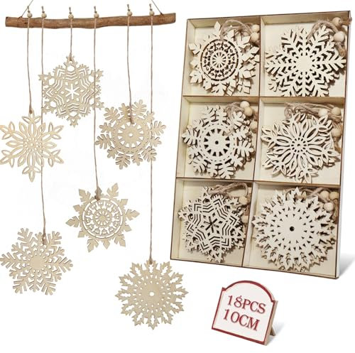 18 STK Weihnachtsbaum Schneeflocken Holzanhänger Weihnachten mit Holzperlen,10cm Groß Natur Holz Weihnachtsanhänger Schneeflocken Weihnachtsbaumschmuck Christbaumanhänger Geschenke Weihnachtsdeko
