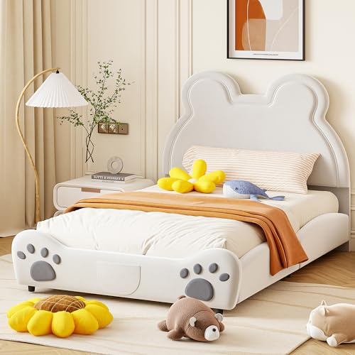 Rtopsu Letto per Bambini Imbottito 140x200 cm con Testata Orso, Letto per Ragazzi Matrimoniale con Telaio del Letto in Metallo e Rete a Doghe in Legno, Velluto, Bianco, Senza Materasso