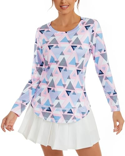 Deaviya Womens Long Sleeve Sports Tops UK, Sport Yoga T-Shirt Workout Running Tops, Crew Neck Quick Dry Golf Activewear Ladies Gym Sports Top, L,Pink White Grid