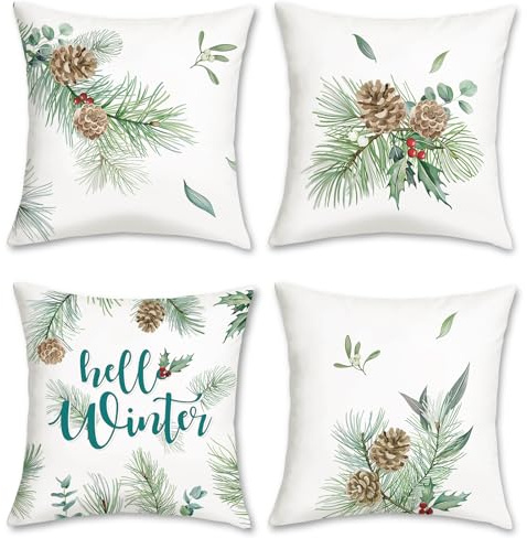 Bonhause Federe per Cuscini Inverno 45 x 45 cm Copricuscini Decorativi Natale Foglie di Pino Pigne Pianta Verde Federa per Cuscino Divano Letto Casa Vacanze Decorazione Set di 4