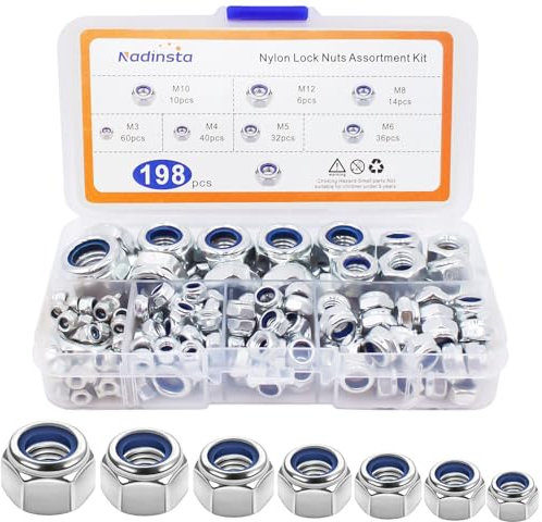 Nadinsta 198 Stück Sicherungsmuttern Sortiment, Selbstsichernde Muttern Kohlenstoffstahl, Sechskant Flanschmutter Set, Sicherungsmuttern, Sperrzahnmuttern, M3/M4/M5/M6/M8/M10/M12