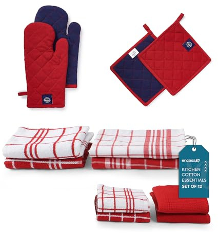Encasa XO Kitchen Towels & Oven Mitts, Heat Resistant Red | 100% Cotton | Highly Absorbent Tea Towels | Heat Resistant Mitts & Pot Holders | Machine Washable | Set