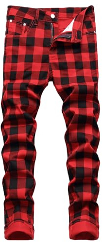Jean Style Punk pour Hommes, Pantalon en Denim À Carreaux Écossais, Streetwear, Patchwork Épissé, Slim, Droit,Rouge,34