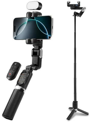 Spigen Stabilisateur Gimbal pour Smartphone avec Reconnaissance Faciale, Rotative Verticale et Horizontale, Lumière LED Magnétique, Télécommande Bluetooth S620W - Noir