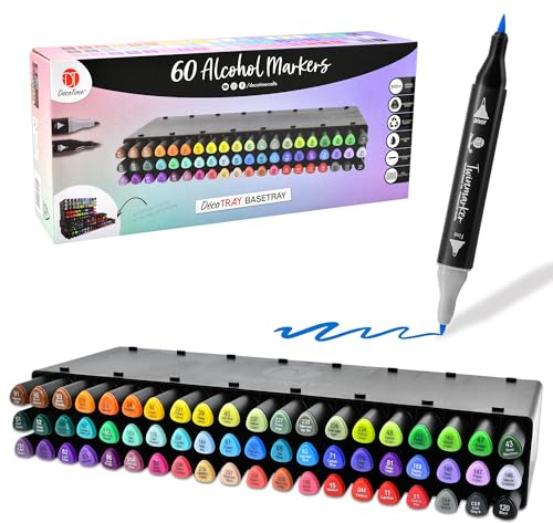 Decotime Twin Alcohol Markers with XL Stackable Alcohol Marker Storage Tray - 60 Dual Tip Fine & Brush Markers - Coloured Marker Pens for Adults, Kids - Quick Dry Art Supplies for Drawing & Colouring