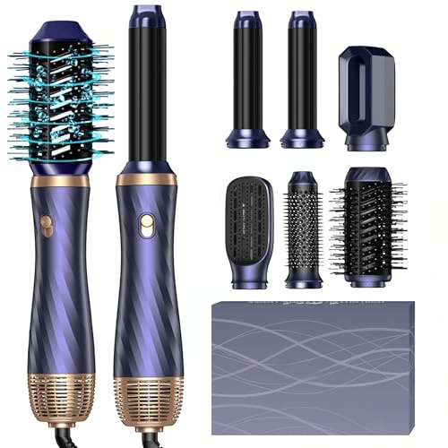 6 en 1 Cepillo de Aire Caliente & Air Styler [60,000 RPM] Secador de Pelo Ionico con 2 Aire Auto Cilindros Rizadores, Voluminizador, Cepillo Redondo, Alisador, para Todo Tipo de Cabello, Azul/Oro