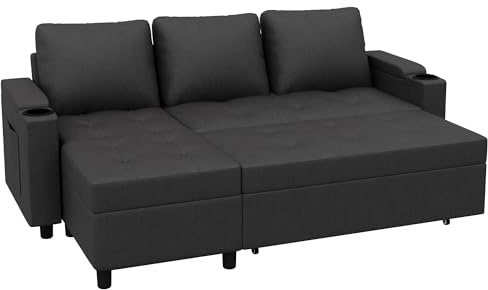 Devoko Sofa Bed, 3 Seater L-Shaped Pull-Out Corner Sofa Bed with Storage & Cup Holders, Space-Saving Convertible Sectional Sofa for Living Room & Bedroom, Grey